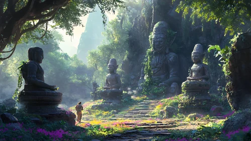 Tranquil Buddha Statues in Forest Setting