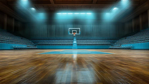 Empty Basketball Court with Wooden Floor