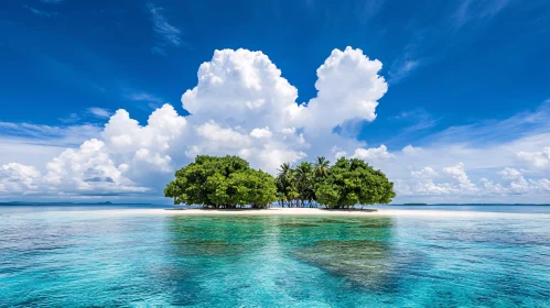 Lush Green Island with Vibrant Blue Skies and Clear Waters