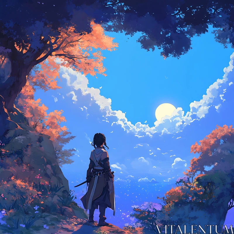 AI ART Woman Watching Sunny Sky Anime Art