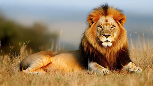 Resting Lion in Golden Field