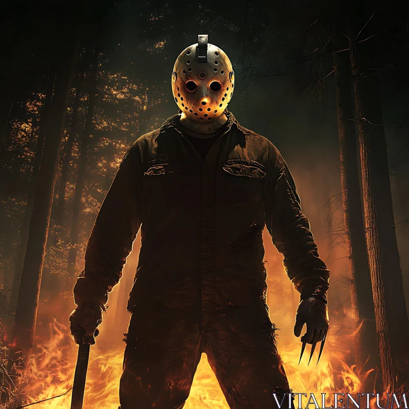 AI ART Hockey Masked Figure in Burning Woods