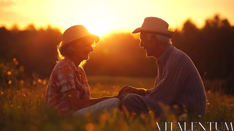 Sunset Field Serenity: Elderly Couple Portrait AI Image