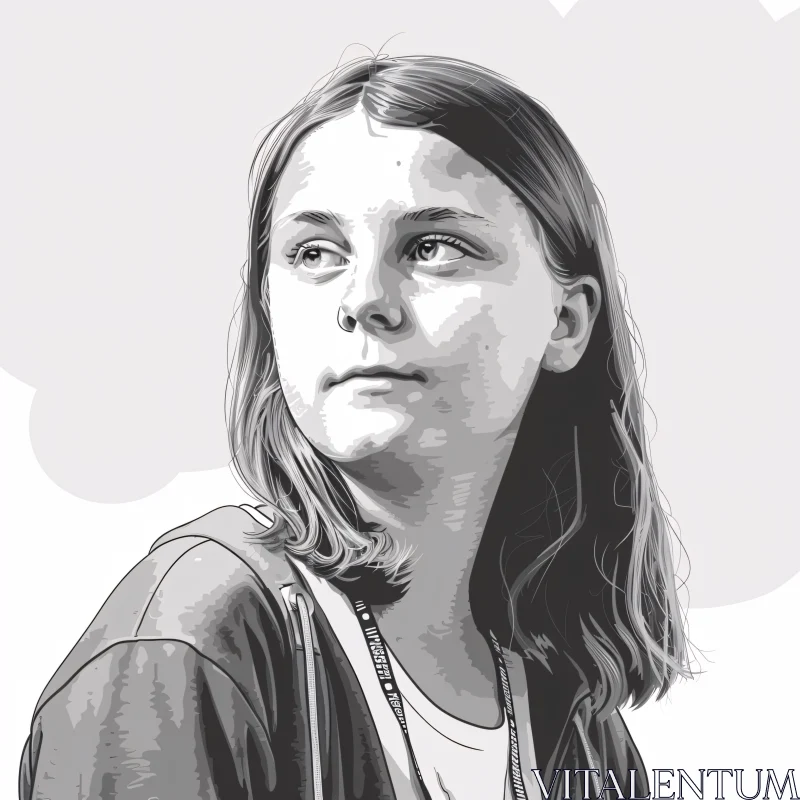 AI ART Thoughtful Greta Thunberg Monochrome Art