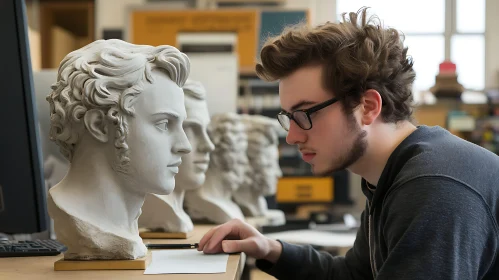 Man Drawing Plaster Sculpture in Studio