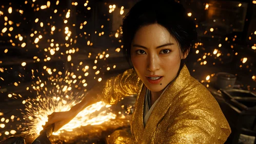 Woman in Golden Robe with Sparks