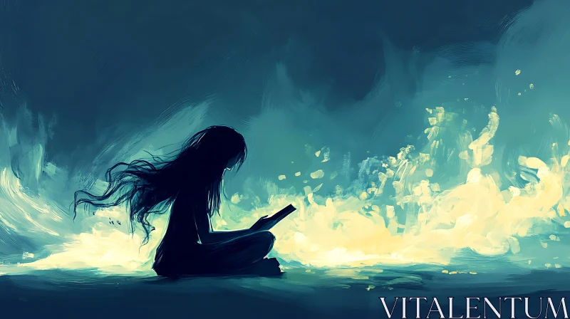 Girl Reading at Night Digital Artwork AI Image