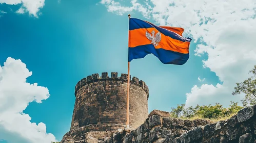 Historic Tower and Flag Under Azure Sky