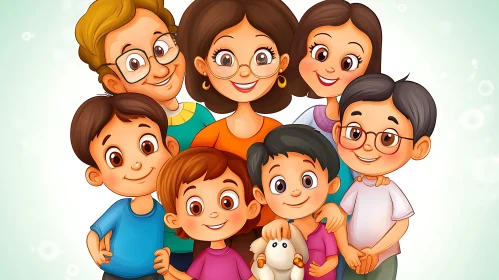 Cartoon Family Portrait with Cheerful Smiles