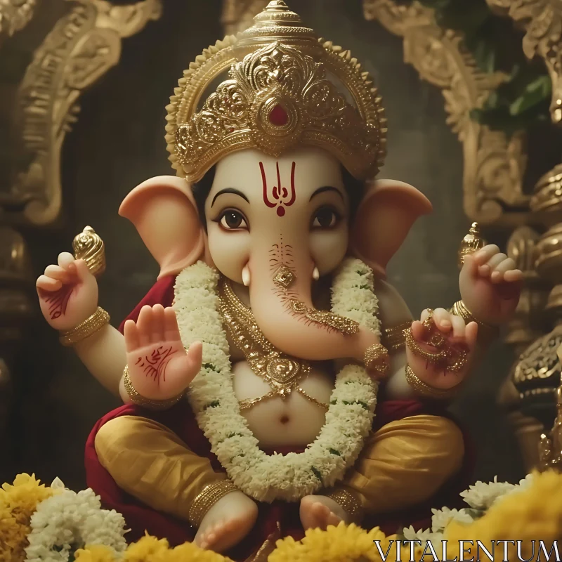 Ganesha with Golden crown and garland AI Image