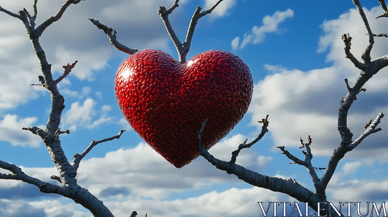 Red Heart Sculpture in Winter Tree AI Image