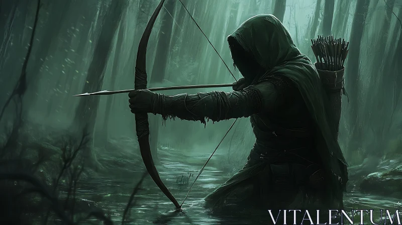 AI ART Hooded Archer in Misty Forest Stream