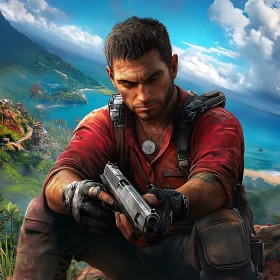 Man with Gun on Tropical Island