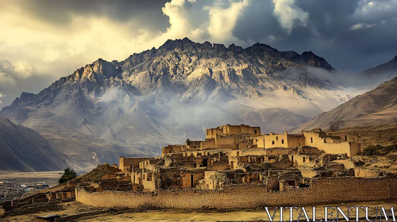 Old Town at the Foot of Mountain AI Image