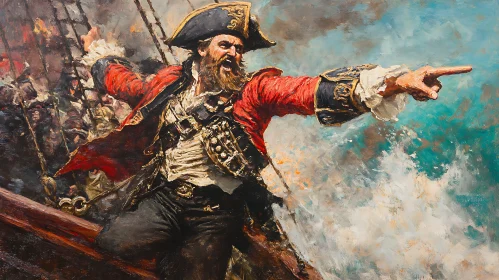 Pirate Leader Amidst Ocean Battle Artwork