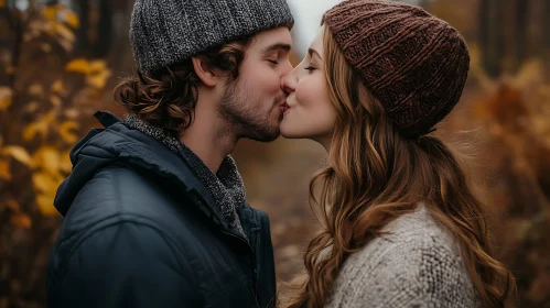 Couple's Intimate Autumn Kissing Moment