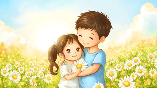 Children's Affection in Floral Meadow