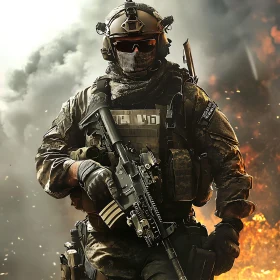 Armed Soldier in Fiery Battlefield