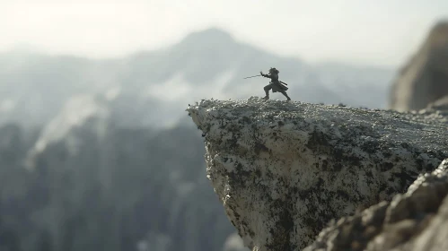 Lone Samurai on Misty Mountain Peak