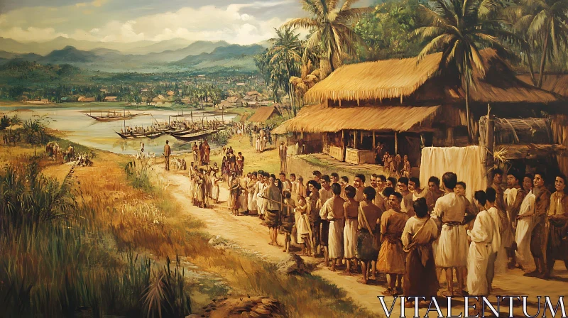 AI ART Riverside Village Scene Painting