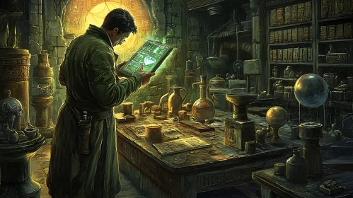 Old laboratory with scientist and tablet