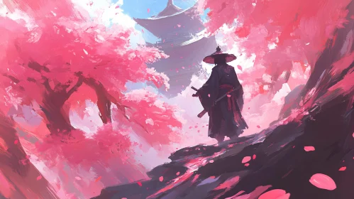 Japanese Warrior in Spring Landscape