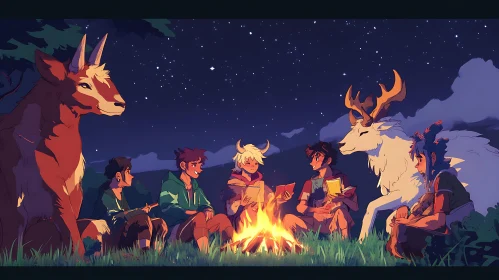 Friends Reading by Campfire with Magical Creatures