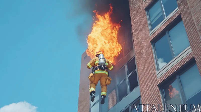 Heroic Firefighter Scaling Burning Building AI Image