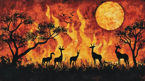 Deer Silhouettes Against a Fire and Sunset