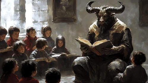 A Minotaur Reads to a Class