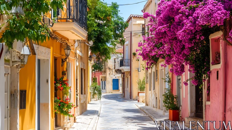 Colorful European Street Scene with Flowers AI Image