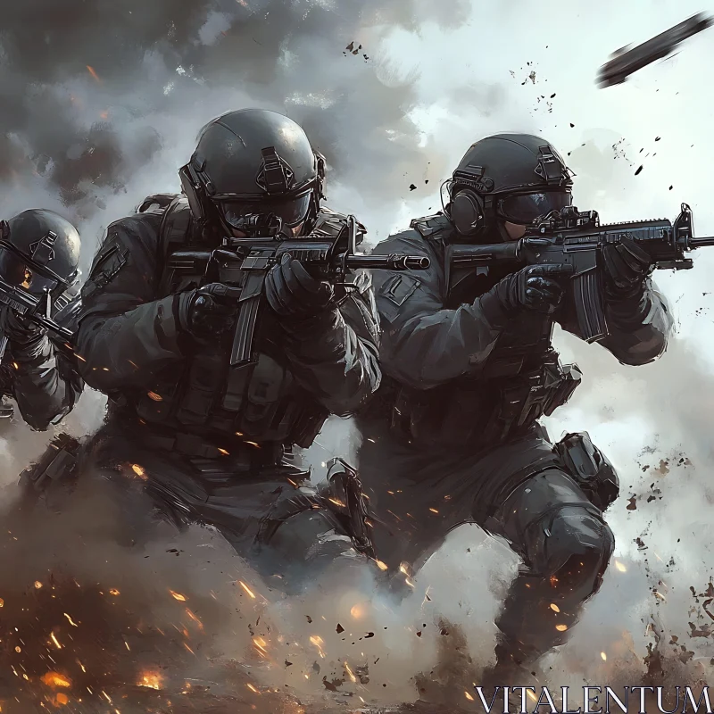 Military Squad Advancing Through Battlefield AI Image