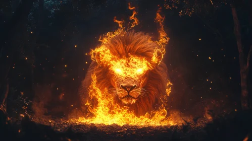 Lion with Fiery Mane Glowing in the Forest