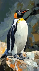 Illustrated Penguin on Rocky Terrain