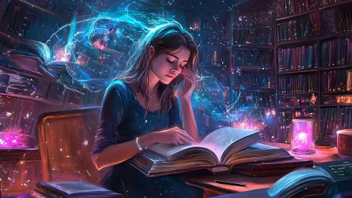 Woman Reading Magical Book in Library