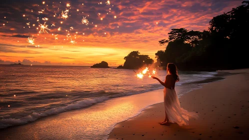 Beach Celebration with Sparklers at Dusk