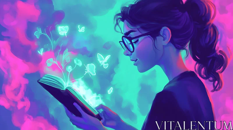 AI ART Neon Reader with Glowing Butterflies