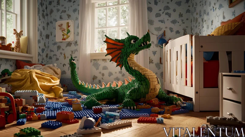 AI ART Green Lego Dragon in Child's Room