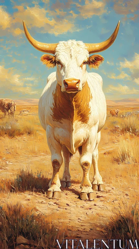 Sunlit Horned Cow in Pasture AI Image