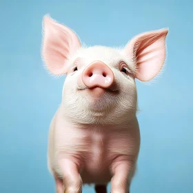 Happy Piglet Portrait on Blue Background