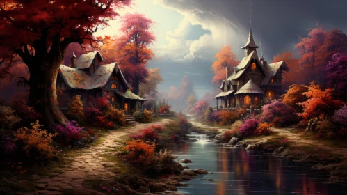 Autumn Fantasy Landscape with Rustic Houses Near Stream