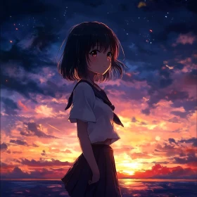 Sunset Contemplation: Anime Girl by the Sea