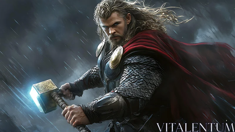 AI ART Heroic Warrior in Rain with Hammer