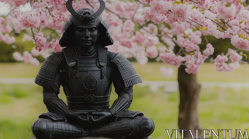 AI ART Meditating Samurai Sculpture with Pink Flowers