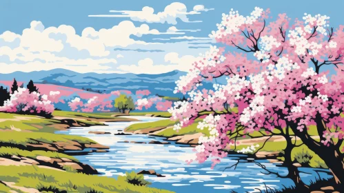 Blooming Cherry Blossoms by a Stream - A Cartoonish Landscape Artwork