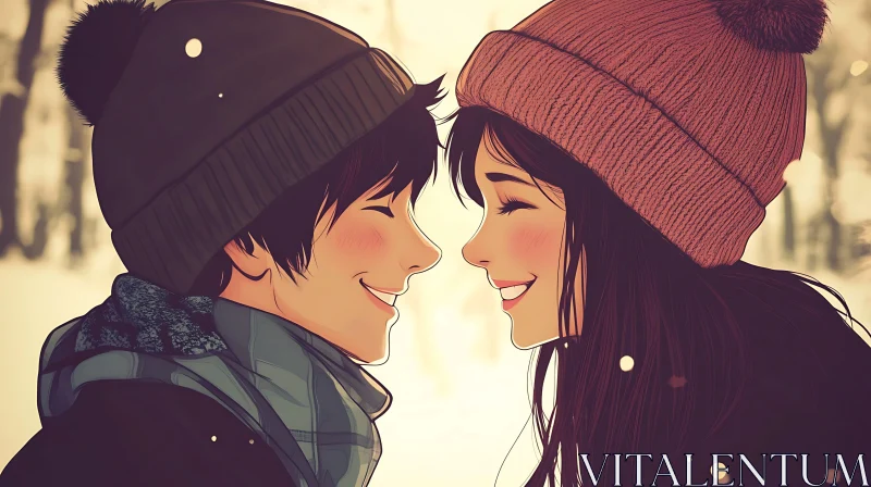 AI ART Winter Romance: Smiling Couple Portrait