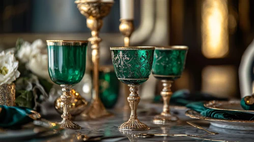 Opulent Green Glassware and Gold Decor