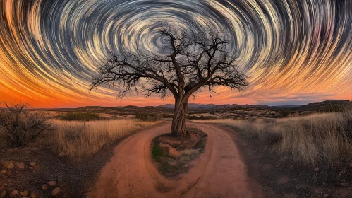 Desert Tree Under Swirling Starry Sky