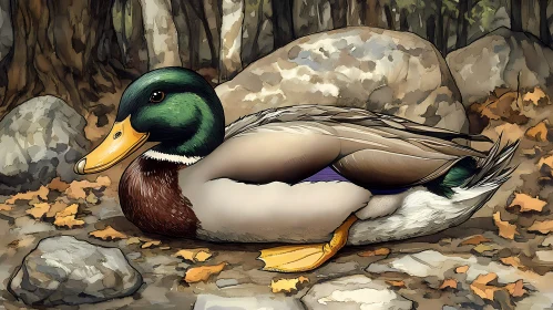 Serene Mallard Amidst Autumn Leaves