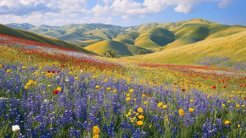 Vibrant Field of Wildflowers on Green Hills